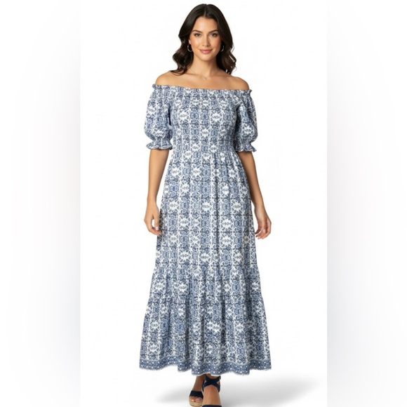 MAX STUDIO Silky Easy Care Maxi Dress Smocked Bodice Tiered Skirt Blue White L - Picture 1 of 10
